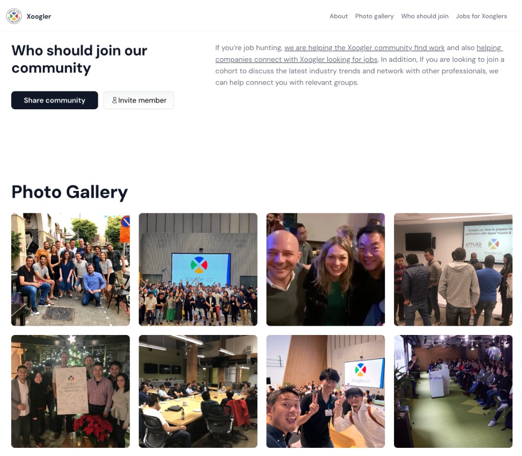 Xoogler branded community space: about, photo gallery, who-should-join, and jobs — all in one place
