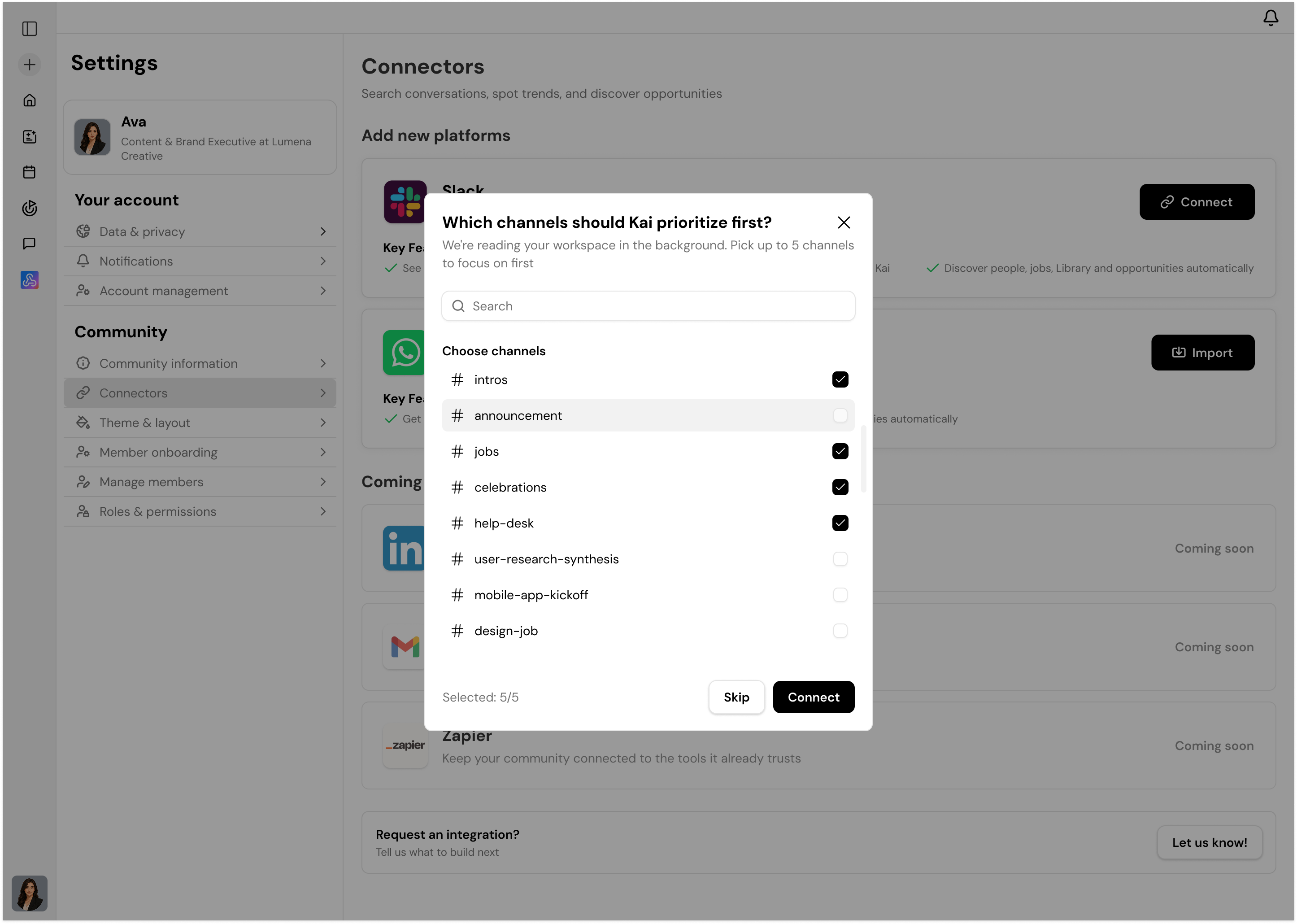 Channels inside a Key AI community: announcements, alumni, jobs, intros — Kai works across them